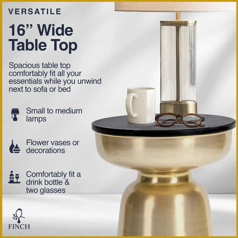 Hourglass Accent Side Table With Natural Granite Top And Brushed Brass Base, Modern End Table, 16 inch diameter, with coffee mug and glasses