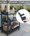 Magnetic Speaker Mount for Golf Carts Boats ATVs and UTVs on a cart with bottles, featuring strong magnetic strap for secure hold.