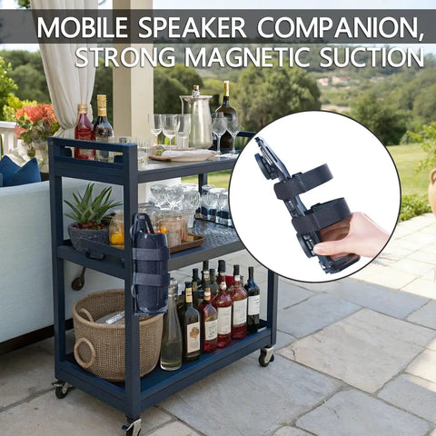 Magnetic Speaker Mount for Golf Carts Boats ATVs and UTVs on a cart with bottles, featuring strong magnetic strap for secure hold.