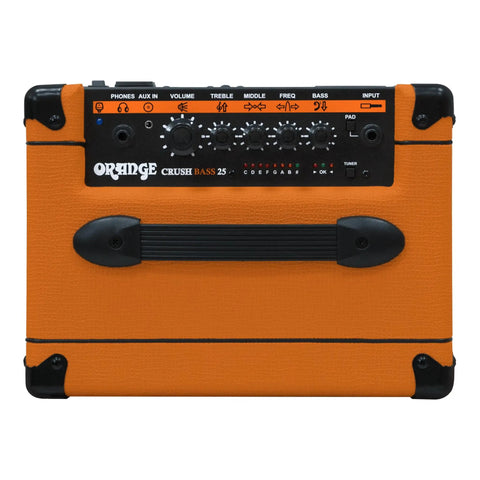 Front view of Crush Bass 25 Watt 8 Inch Bass Amp And Speaker Combo With Analog Signal Path Three Band EQ, orange color.