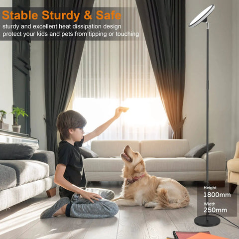 UFO Floor Lamp 71 Inch Tall With Remote 42W 3700LM RGB LED Torchiere in living room with child and dog