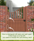 Wood gate with brick fence showing hinge placement instructions. Beefy Double Sided Gate Latch For Outdoor Fences And Wood Gates