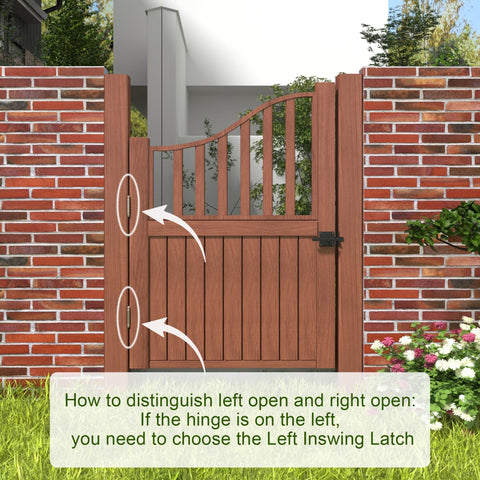 Wood gate with brick fence showing hinge placement instructions. Beefy Double Sided Gate Latch For Outdoor Fences And Wood Gates