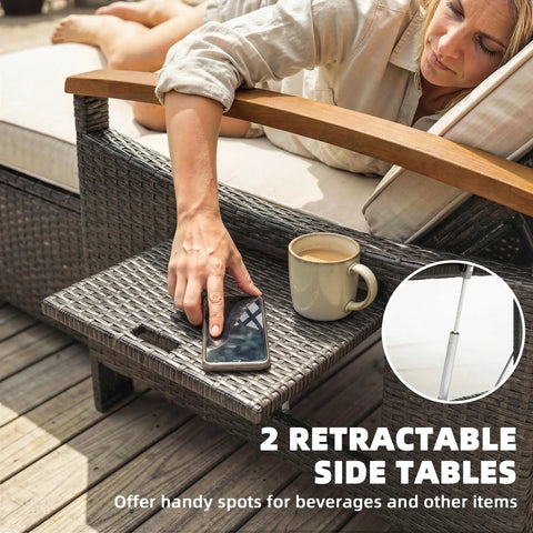 Woman using retractable side table on Rattan Outdoor Daybed With Storage Ottoman And Four In One Functionality Adjustable Backrest In Four Positions Folding Side Trays Acacia Wood Armrests Double Sun Lounger With Cushions And Pillows Beige.