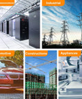 Collage showing telecommunications, industrial towers, automotive, construction, and appliances for electrical applications.