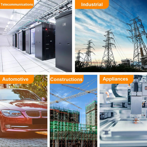 Collage showing telecommunications, industrial towers, automotive, construction, and appliances for electrical applications.