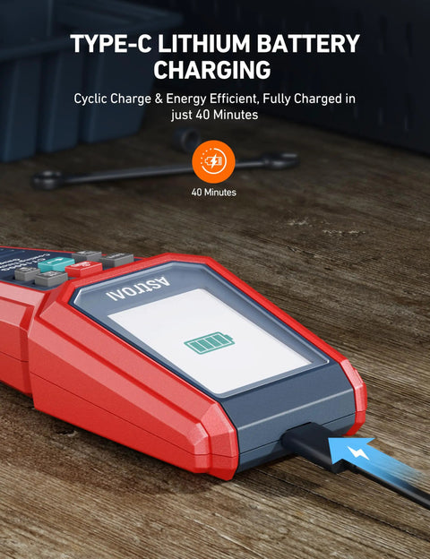 Paint Thickness Gauge With Automatic Detection And 0.01μm Resolution For Ferrous And Nonferrous Coatings On Metal Surfaces, Wide Coating Compatibility, Fast Digital Readout, Durable Handy Tool For Pros. Red USB Type-C battery charger on wood table with 40-minute charge display