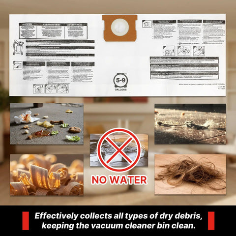 Disposable Vacuum Filter Bags For 5-9 Gallon Vacs, Dry Pick Up Only, White Paper, 3 Pack, product information and usage images