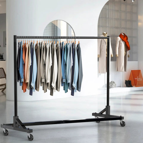 Industrial Grade Z Base Garment Rack With Beefy 500 Pound Capacity And 63 Inch Extra Long Bar Black Finish, 360 Degree Swivel Casters