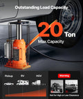 VEVOR orange hydraulic bottle jack, 20-ton max capacity, with manual handle and air pump, shown with car tire.