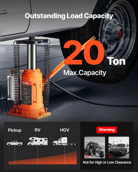 VEVOR orange hydraulic bottle jack, 20-ton max capacity, with manual handle and air pump, shown with car tire.