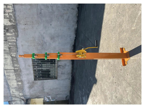 30 Foot Telescoping Lift Mast With Smooth Crank Handle Winch showing yellow stainless steel pole and anchor mounts for outdoor use.