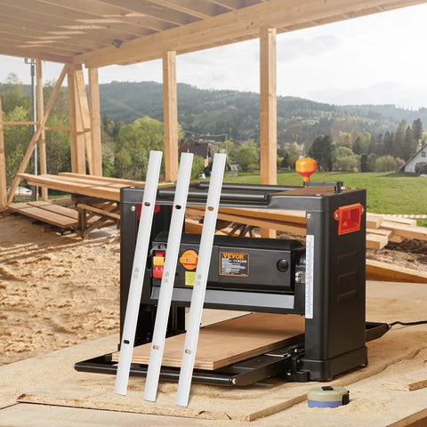 Heavy Duty High Speed Steel Thickness Planer Blades And Knives For 13 Inch Benchtop Planer Hrc 55 To 60 Hardened replacement set with planer in woodshop.