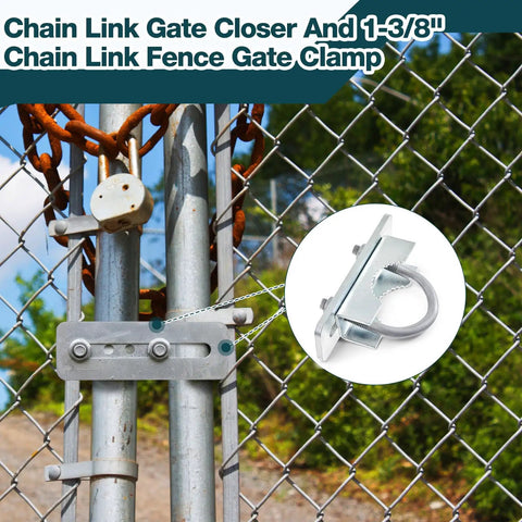 Built Like A Tank Adjustable Galvanized Gate Latch Stopper For Chain Link Fences And Pool Enclosures heavy duty gate clamp close-up.