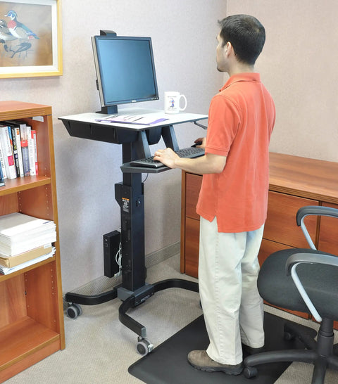 Smooth Roll Single Monitor Sit Stand Desk With Zero Effort Height Lift and Heavy Duty Caster Wheels For Vesa Monitors Up To Twenty Four Inches, ergonomic mobile workstation.