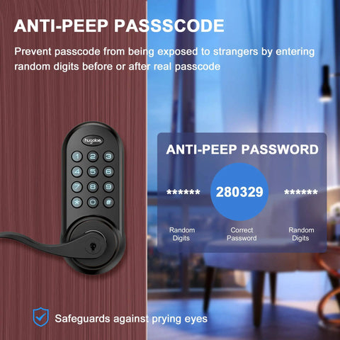 Latchbolt Electronic Door Lock With Keypad And Handle Keyless Entry For Metal Doors Easy To Install High Security Aluminum Alloy Lock For Home And Office Anti Collision And Tamper Resistant Design, featuring anti-peep passcode functionality with random digits visible on the display screen.