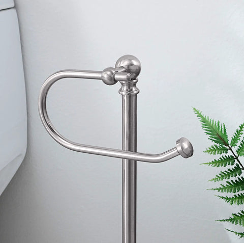 Close-up of Freestanding Toilet Paper Holder Stand With Weighted Base In Brushed Chrome Easy Assembly With Included Tools Tip Resistant Design