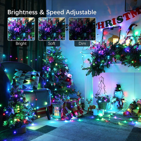 300 LED Color Changing Christmas Lights 98ft Outdoor String Lights With Remote And Timer 17 Colors Including Dual Color Modes Waterproof Fairy Twinkle Tree Lights For Indoor Party Decor illuminating a room with a Christmas tree and fireplace display.