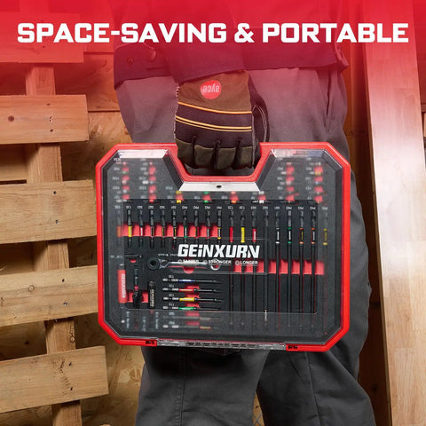 Ultimate Home DIY 58 Piece Screwdriver Set With 53 Magnetic Impact Bits And Case From Geinxurn being carried by a worker