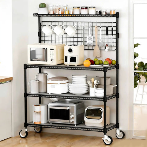 Workhorse Kitchen Bakers Rack With Wheels And Storage, 4 Tier Microwave Stand And Utility Cart, NSF Certified Commercial Metal Shelving, 42 By 18 By 63 Inch, Black, Includes 20 S Hooks, loaded with kitchen items and appliances.