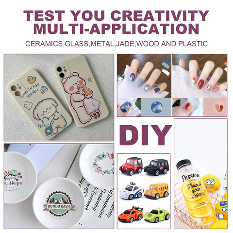 Clear Waterslide Decal Paper for Inkjet Printers, 20 Sheets displayed on various DIY projects including phone cases and ceramics.