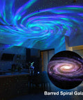Galaxy Projector Star Lights with Bluetooth Speaker and Remote in living room, displaying barred spiral Milky Way and nebula clouds.