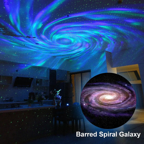 Galaxy Projector Star Lights with Bluetooth Speaker and Remote in living room, displaying barred spiral Milky Way and nebula clouds.