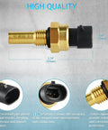 Engine coolant temperature sensor with brass threaded end and black plastic connector; front view