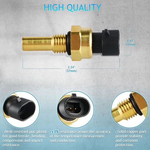 Engine coolant temperature sensor with brass threaded end and black plastic connector; front view
