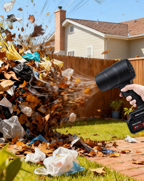 Beast Cordless Leaf Blower With 350000 RPM Turbo Motor And Lightweight Handheld Design in use on a backyard patio