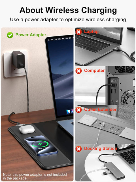 Mega Sized XXL 31.5 Inch By 15.75 Inch Wireless Charging Desk Pad with 15W fast charge showing AirPods and smartphone charging