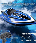 Blue Beast Speed 35KMH RC Boat With LED Lights racing on water, remote control featured, designed for pools and lakes.