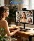 Crisp 1080P USB Webcam With Built In Mic For Smooth Video Calls And Live Stream, Features Auto White Balance, Flexible Pivot Stand, Secure Privacy Shutter, Straight Fire Plug And Play Setup For Gaming, Remote Work, And Go Hard Broadcasts, shown in use during a video call.