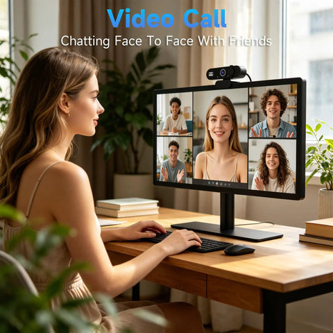 Crisp 1080P USB Webcam With Built In Mic For Smooth Video Calls And Live Stream, Features Auto White Balance, Flexible Pivot Stand, Secure Privacy Shutter, Straight Fire Plug And Play Setup For Gaming, Remote Work, And Go Hard Broadcasts, shown in use during a video call.