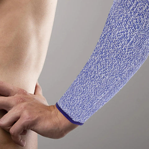 Premium Cut Resistant Arm Sleeves 2 Pack Blue Anti Cut Forearm Guards For Industrial Work Heavy Duty Job Site Hustle Legit Workshop Protection worn on arm