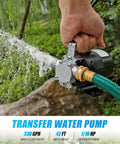 Water Transfer Pump 115V One Tenth HP Electric Utility Pump With On Off Switch spraying water through a hose outdoors