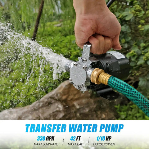 Water Transfer Pump 115V One Tenth HP Electric Utility Pump With On Off Switch spraying water through a hose outdoors