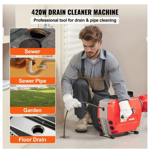 Heavy Duty Electric Drain Cleaner Machine With 120Ft Sewer Snake Auger And 420W Motor to clear floor drains and sewer pipes.