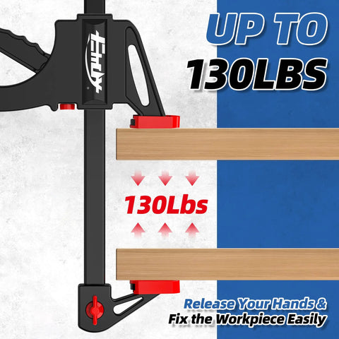 Close-up of One Handed Bar Clamps for Woodworking Set 6 Inch F Clamp with Quick Change Mechanism 130 Lb Load showing clamping force