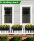 Three Pack 16 Inch Railing Planter Boxes With Detachable Wide Hooks for 2.7 Inch Railings, on balcony planted with flowers.