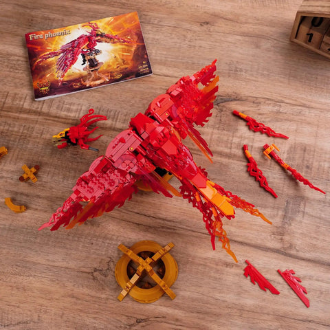 Fire Phoenix Building Set Compatible With Lego STEM Style Magic Phoenix Model For Adults And Fans Ages 8 And Up 938 Pieces Educational Bird Toy Gift For Kids Boys And Girls, assembled red brick phoenix on stand