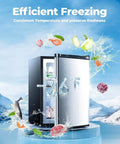Straight Up Awesome 3.2 Cubic Foot Upright Freezer with fast cooling, showing food inside and ice at -7.6°F.