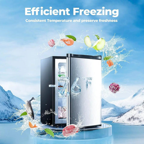 Straight Up Awesome 3.2 Cubic Foot Upright Freezer with fast cooling, showing food inside and ice at -7.6°F.