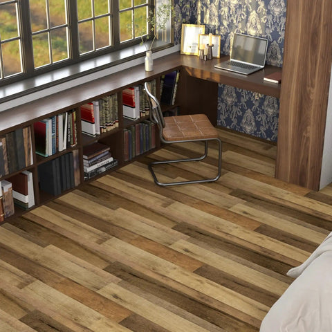 Peel And Stick Vinyl Flooring Roll 24In X 393In White Wood Planks, 64 Sq Ft Waterproof Self Adhesive Floor in a cozy home office