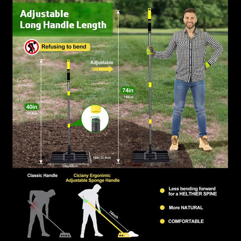 Tough As Nails Heavy Duty Lawn Leveling Rake With 74 Inch Adjustable Handle in use, showing ergonomic handle and height comparison.