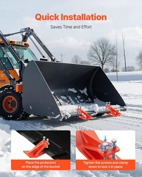 Beefy Tractor Bucket Edge Protector Set installed on tractor, heavy-duty steel, anti-skid, durable orange finish for snow chores