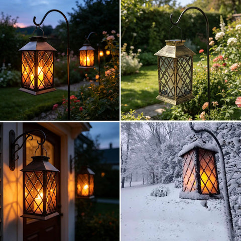Flickering Lantern With 3 Flameless Candles in garden, waterproof PVC hanging light, realistic flame, easy to hang, patio decor.