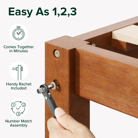 Full Size Bamboo Platform Bed Frame With Sleek Slatted Headboard assembly process using a ratchet tool.