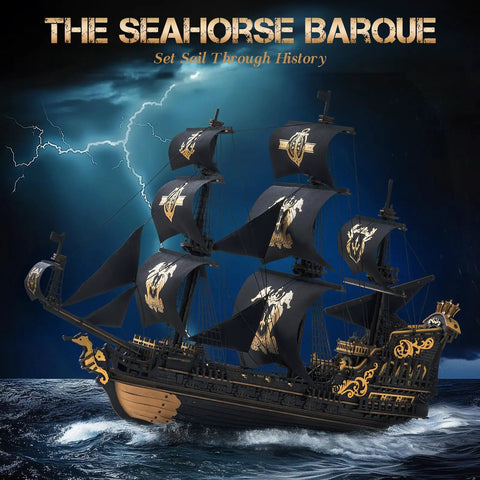 Epic 3D Seahorse Barque Wooden Puzzle Kit For Adults And Teens, Realistic 1 To 100 Scale Ship Model Craft, Durable Wood Pieces, Long And Challenging Build, A Standout Gift For Sea Lovers And Puzzle Fans, black sail ship model