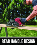 Heavy Duty Seven Quarter Inch Cordless Circular Saw Featuring Rear Handle And Brushless Motor Provides Killer Cuts Through Lumber in action cutting wood.